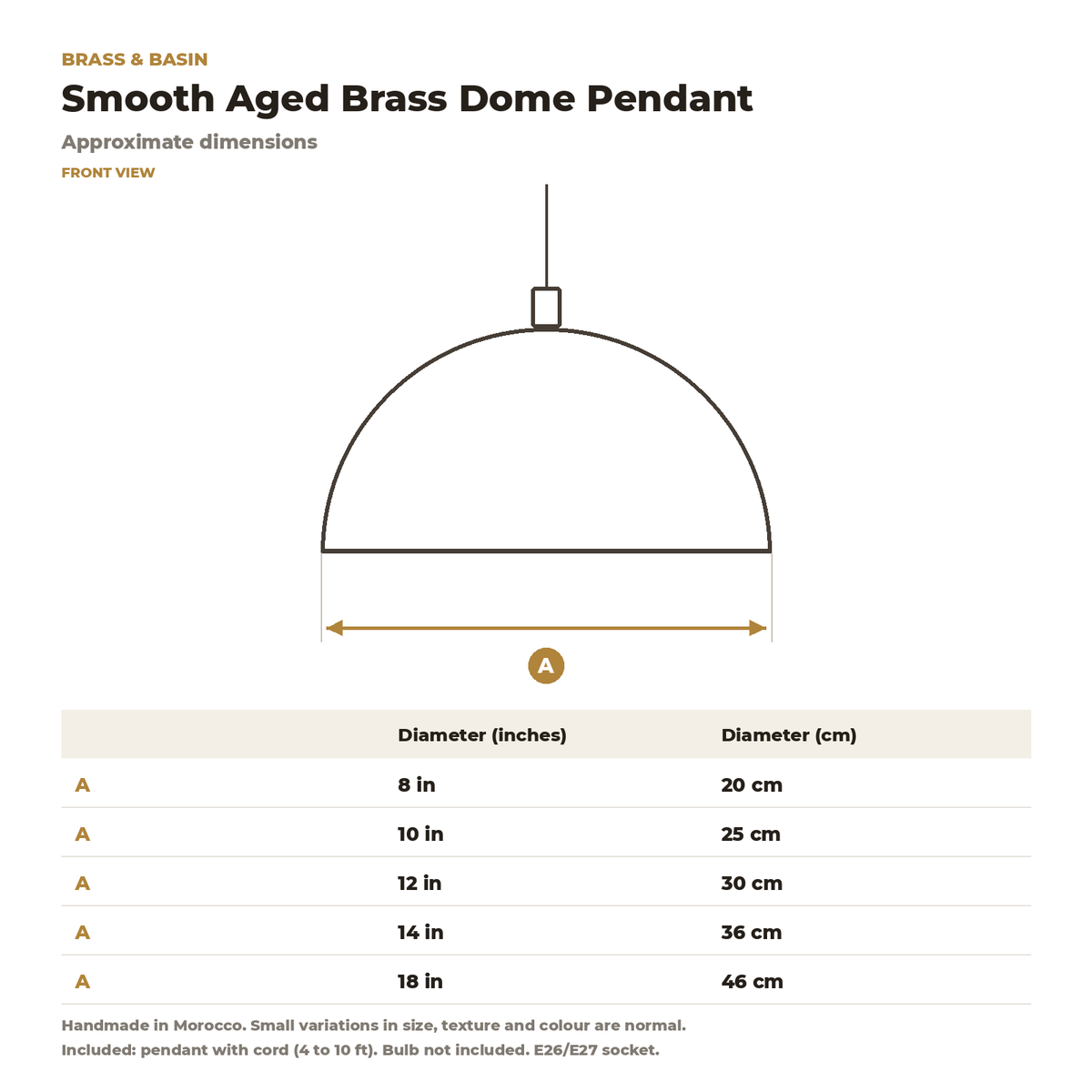 Smooth aged brass dome pendant dimensions, 8 to 18 in