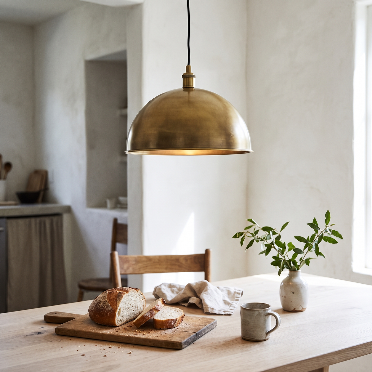 Smooth aged brass dome pendant over a white oak breakfast table
