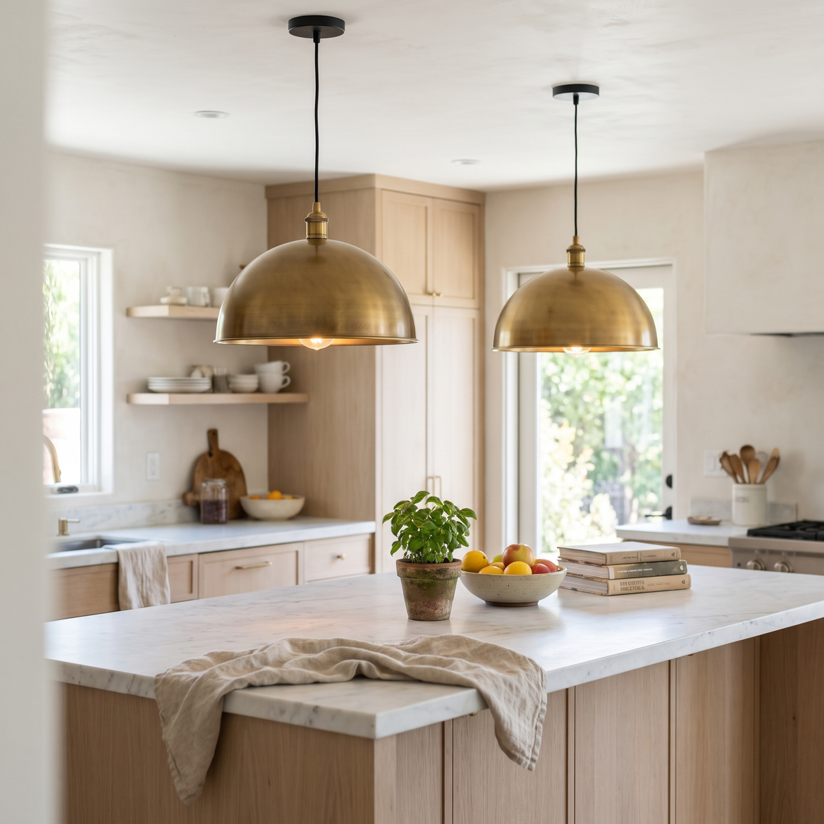 Two smooth aged brass dome pendant lights over a white marble kitchen island