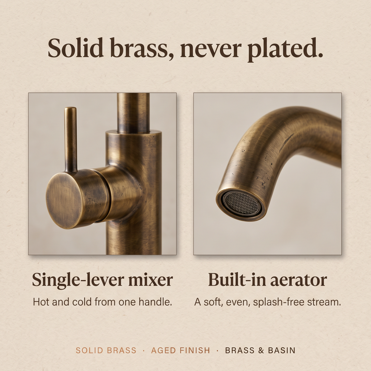 Solid brass single-lever mixer and built-in aerator close-ups