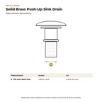 Dimension card for the brass push-up drain, fits drain holes 1.64 to 1.9 in