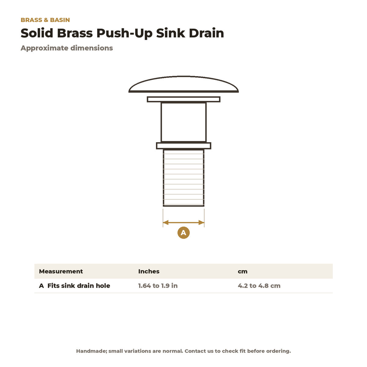 Dimension card for the brass push-up drain, fits drain holes 1.64 to 1.9 in