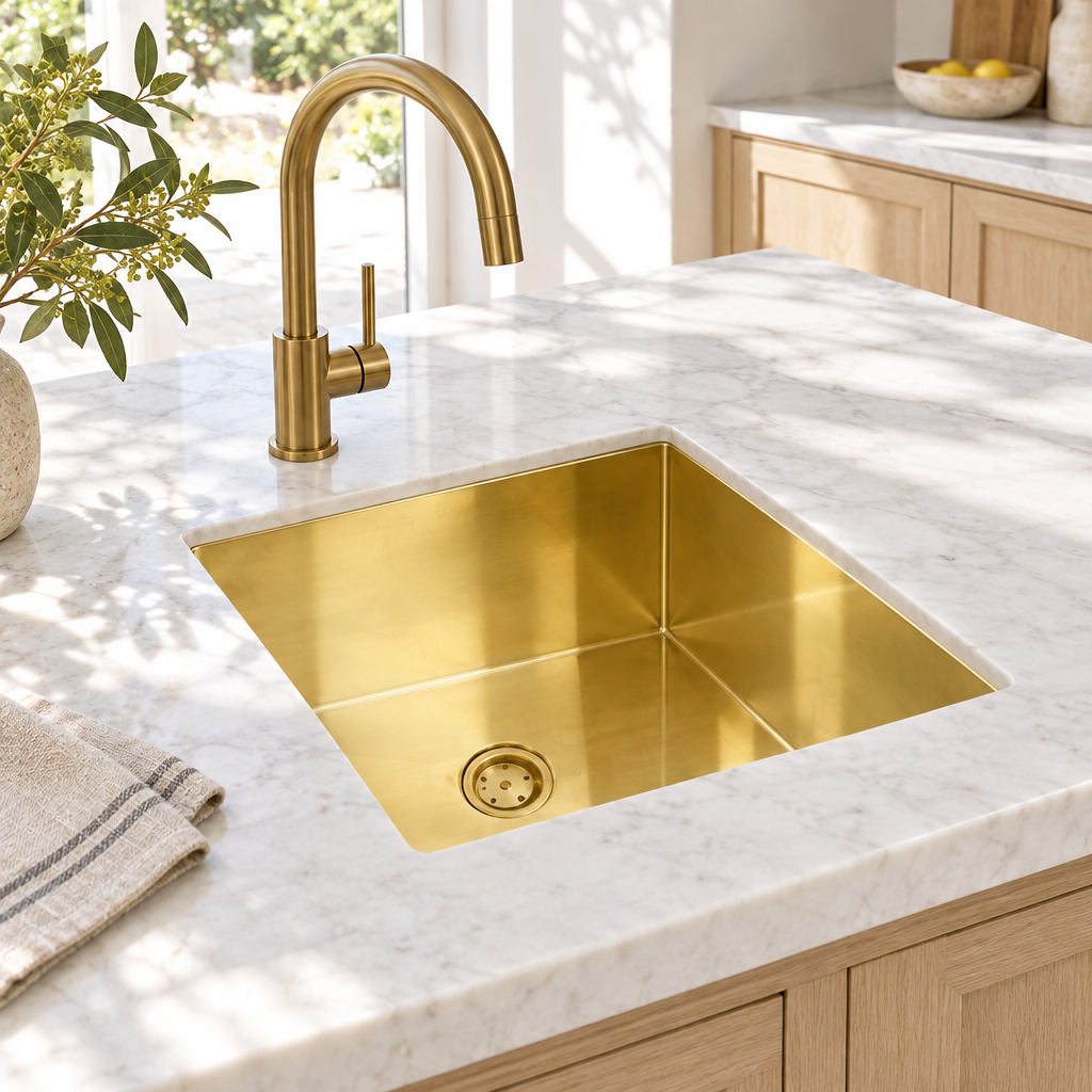 Square brass undermount sink in a sunlit white marble kitchen island