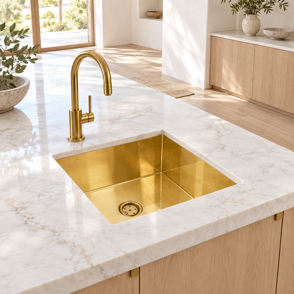 Bright California kitchen with a square brass undermount island sink