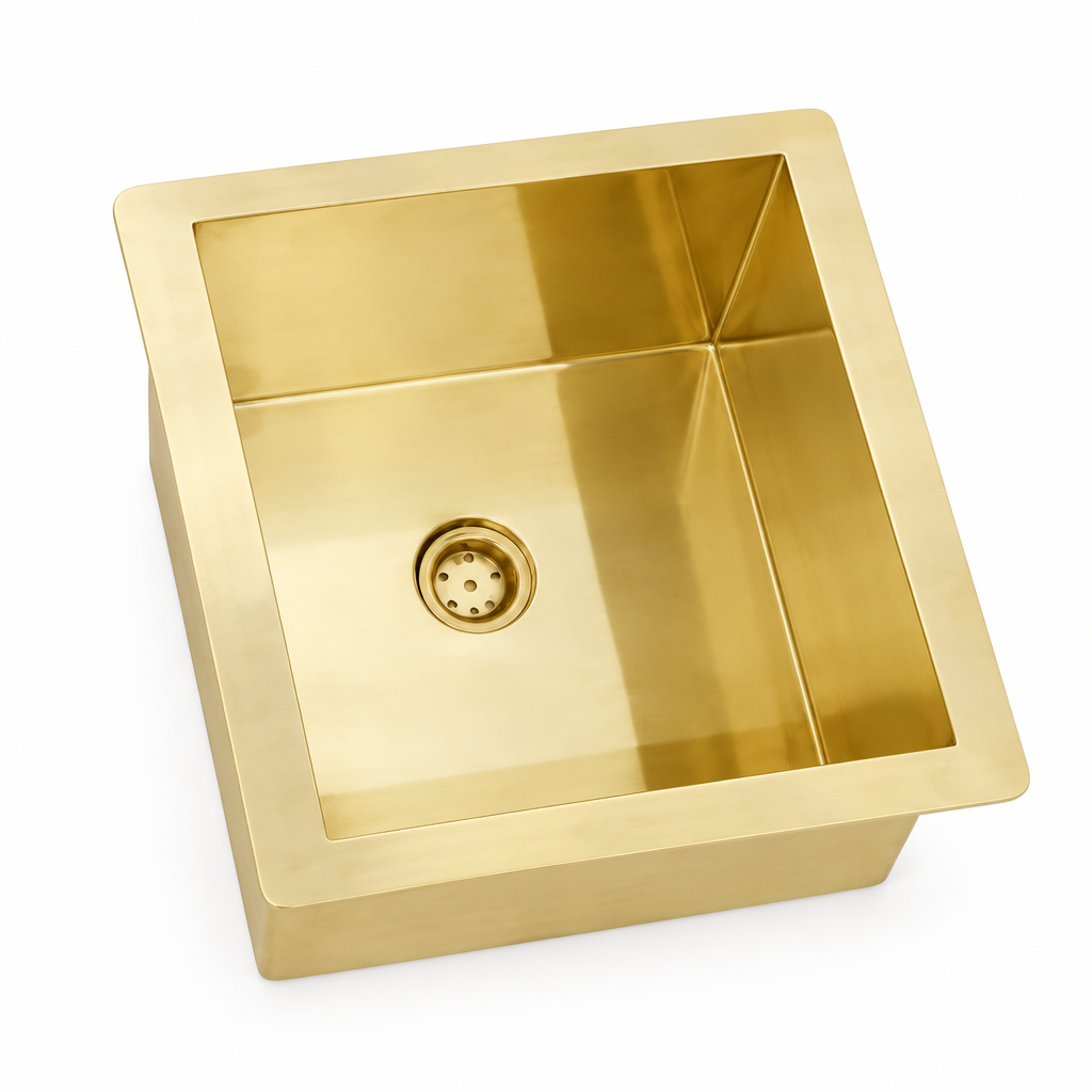 Square brass undermount sink on a white background