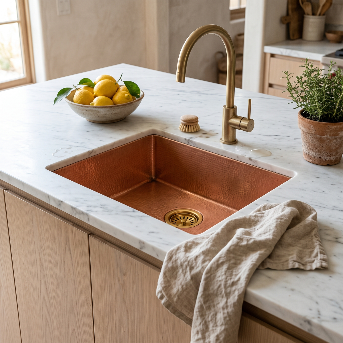 Copper prep sink with brass basket strainer and brushed brass gooseneck faucet in a white oak kitchen island