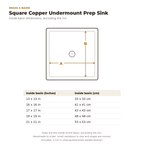 Square copper undermount sink dimensions drawing with inside basin sizes in inches and cm