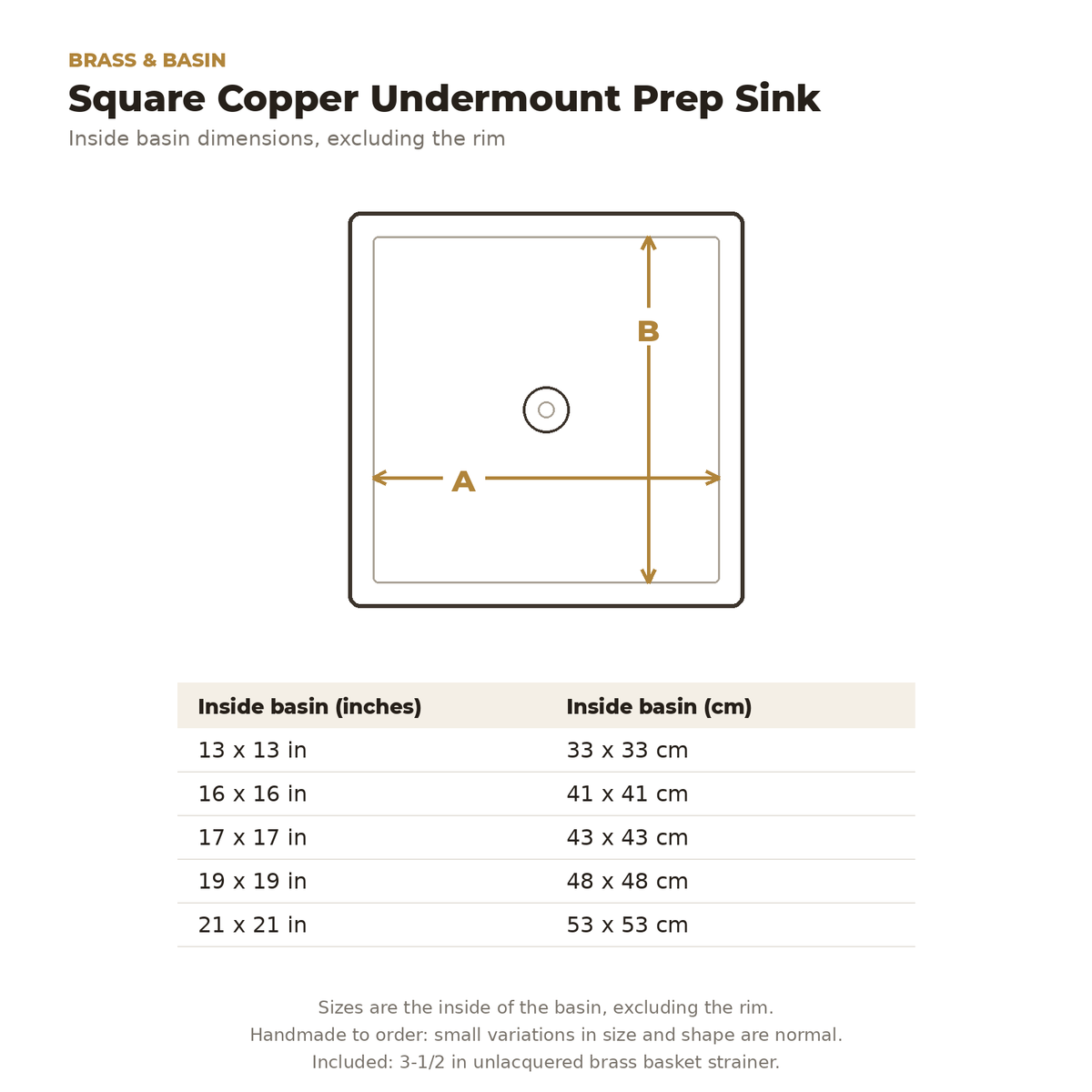 Square copper undermount sink dimensions drawing with inside basin sizes in inches and cm