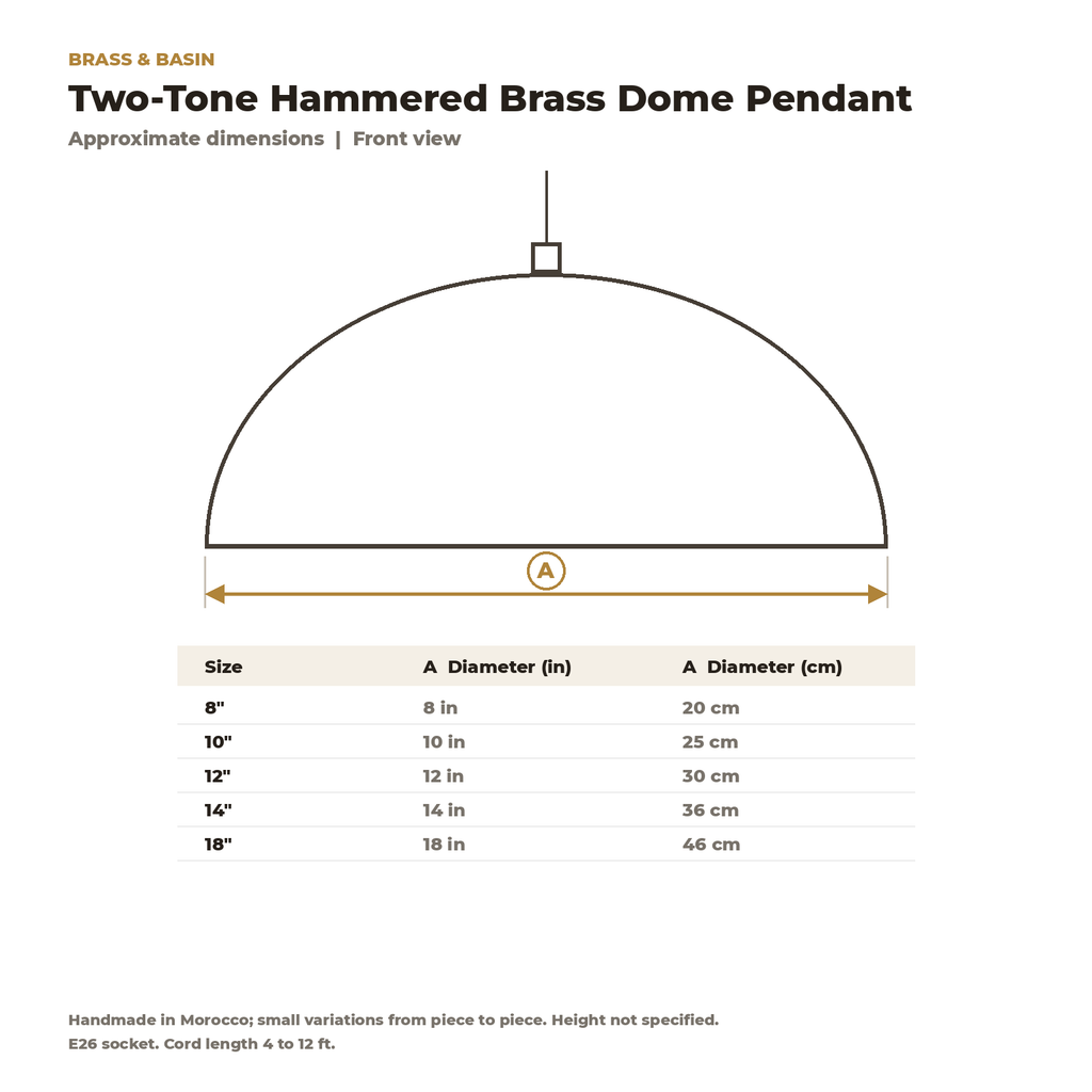 Dimension card for the two-tone hammered brass dome pendant, 8 to 18 in diameter