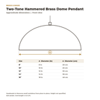 Dimension card for the two-tone hammered brass dome pendant, 8 to 18 in diameter