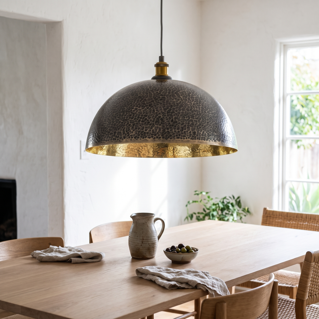Two-tone hammered brass dome pendant over a white oak dining table
