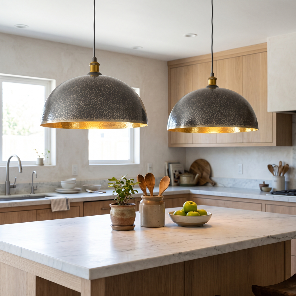 Two two-tone hammered brass dome pendant lights over a white marble kitchen island