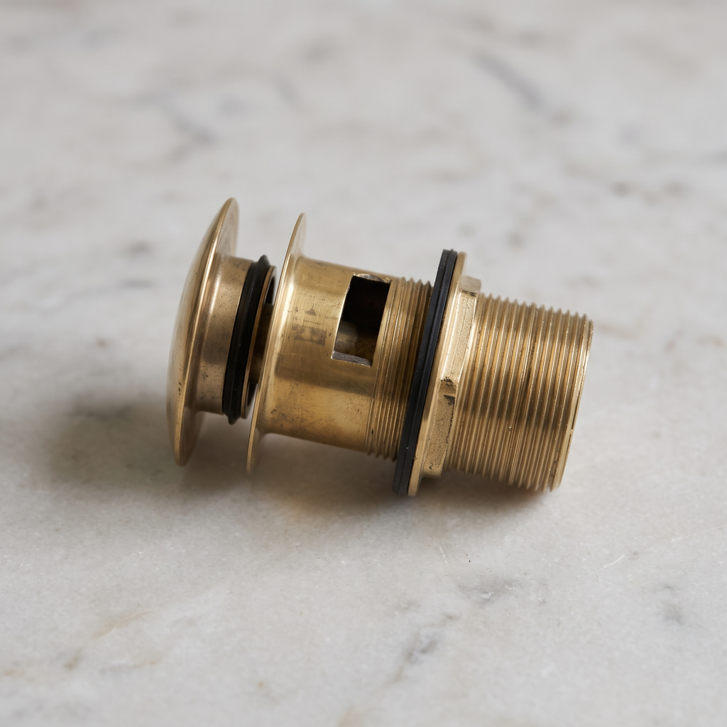 Close-up of the brass drain body showing the overflow slot, rubber seals and threads