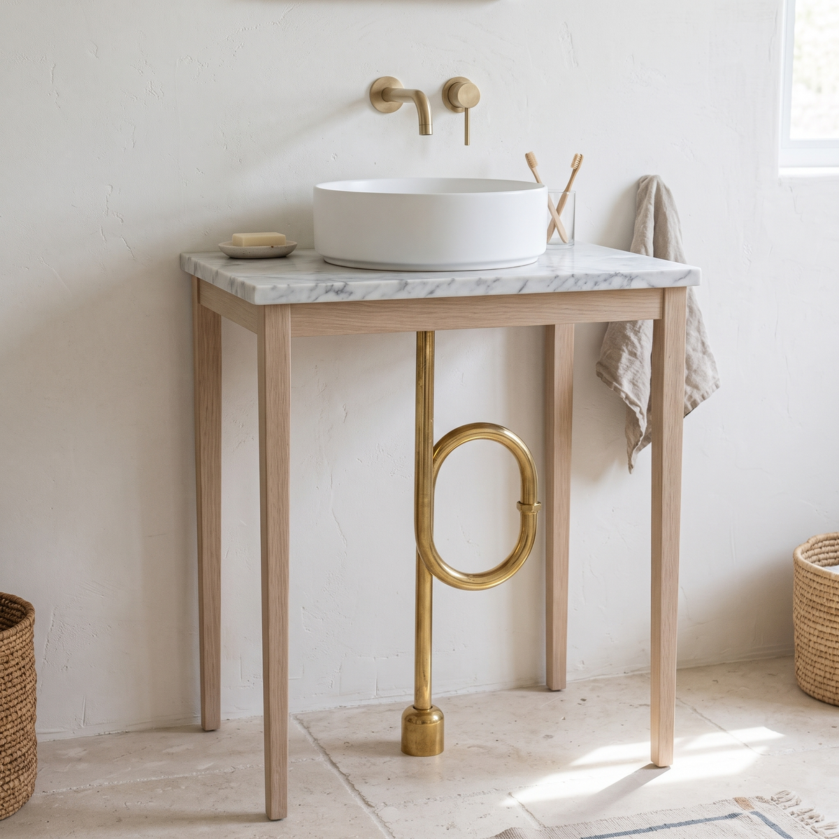 Brass S-trap with oval loop under an open oak washstand with a white basin