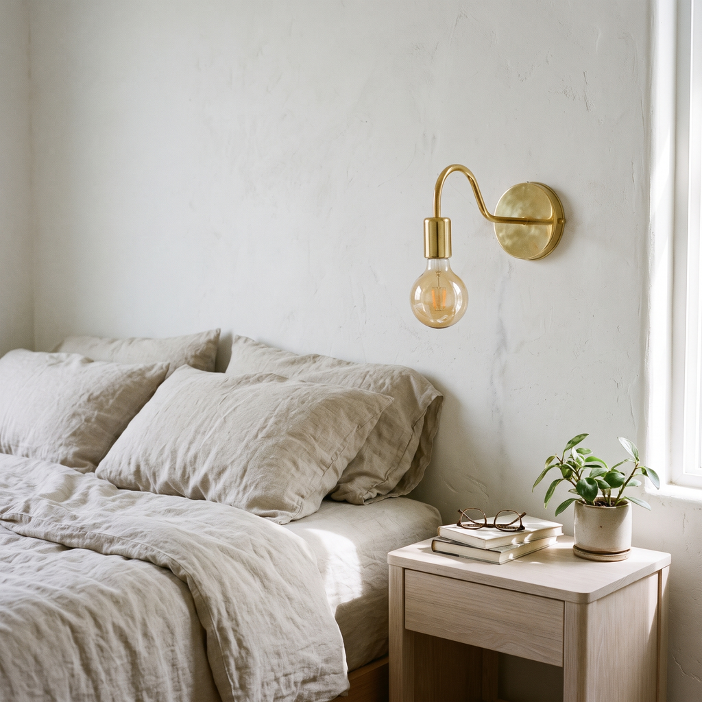 Unlacquered brass gooseneck wall sconce beside a linen bed