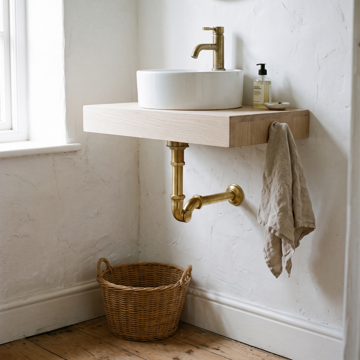 Brass P-trap under a white oak shelf basin in a powder room
