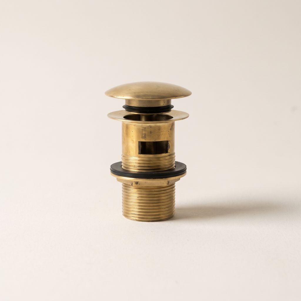 Unlacquered brass push-up drain with overflow slot and threaded body on a light background