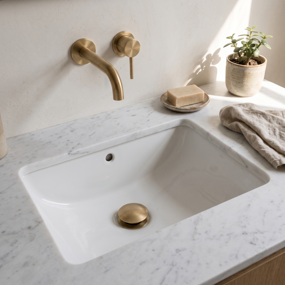 Unlacquered brass push-up drain installed in a white undermount basin with overflow on a marble counter