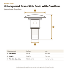 Dimension card for the unlacquered brass sink drain with overflow, 2.6 in cap, 3.06 in tall