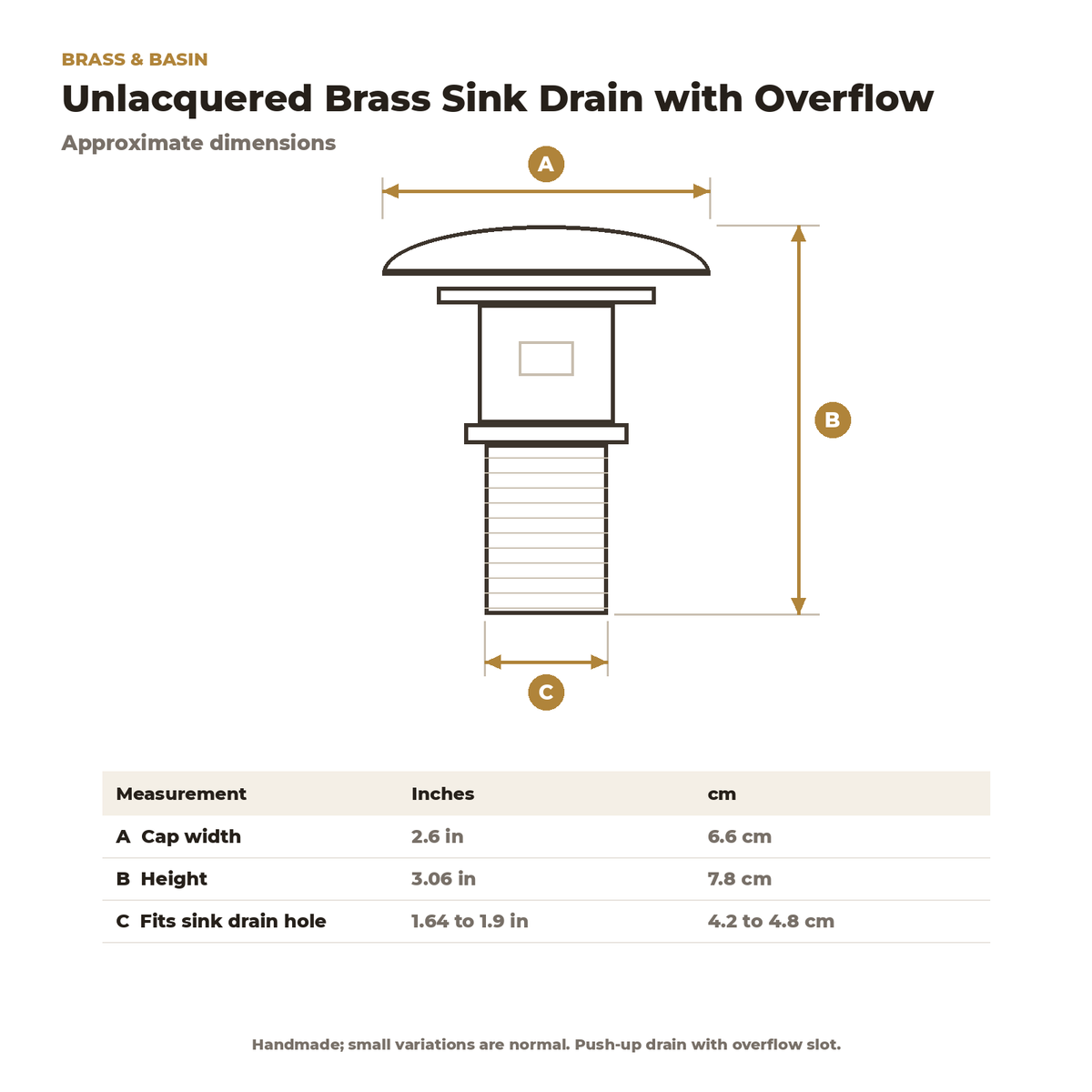 Dimension card for the unlacquered brass sink drain with overflow, 2.6 in cap, 3.06 in tall