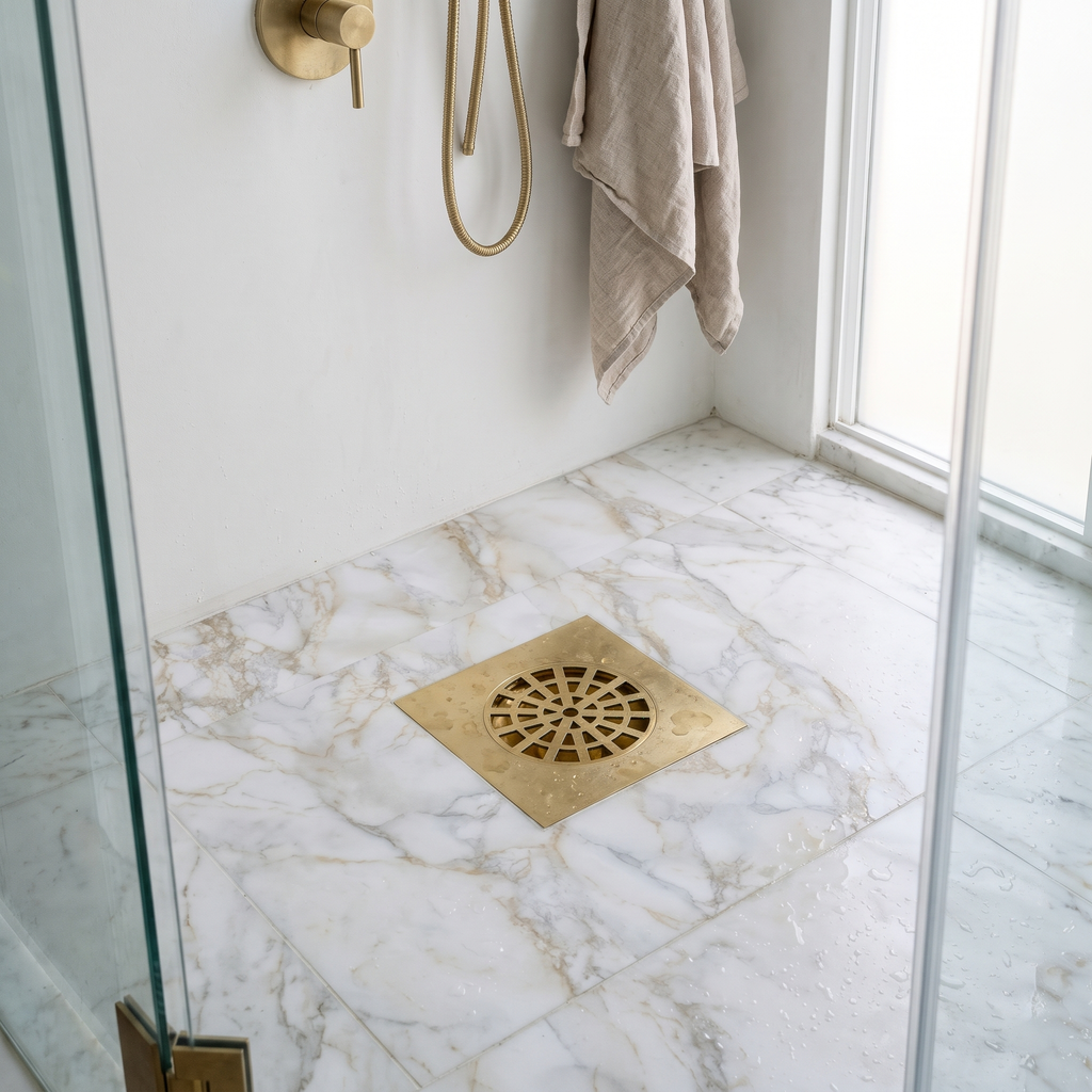 Brass square shower drain with web grate in a honed marble shower floor