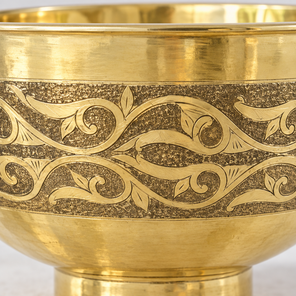 Close-up of the vine engraved brass bowl vessel sink showing the finish