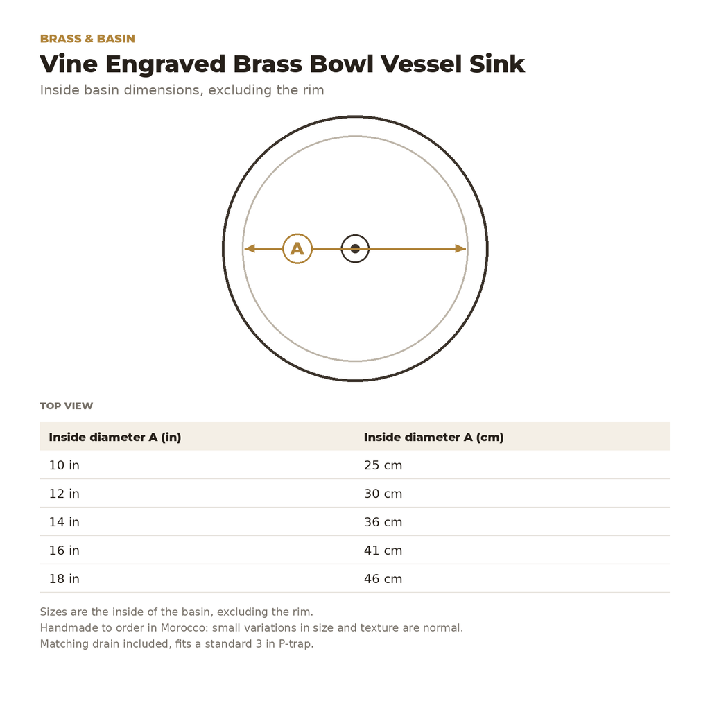 Vine Engraved Brass Bowl Vessel Sink inside basin dimensions drawing
