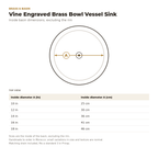 Vine Engraved Brass Bowl Vessel Sink inside basin dimensions drawing
