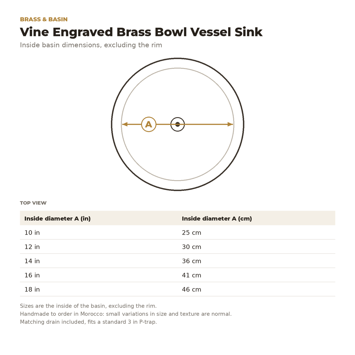 Vine Engraved Brass Bowl Vessel Sink inside basin dimensions drawing