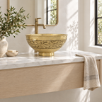 Vine Engraved Brass Bowl Vessel Sink in a bright, airy bathroom