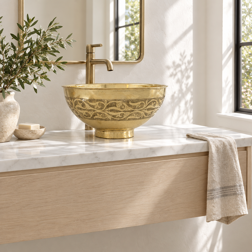 Vine Engraved Brass Bowl Vessel Sink in a bright, airy bathroom