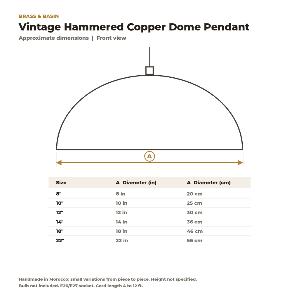 Dimension card for the vintage hammered copper dome pendant, 8 to 22 in diameter