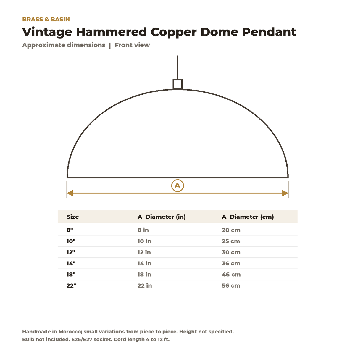 Dimension card for the vintage hammered copper dome pendant, 8 to 22 in diameter