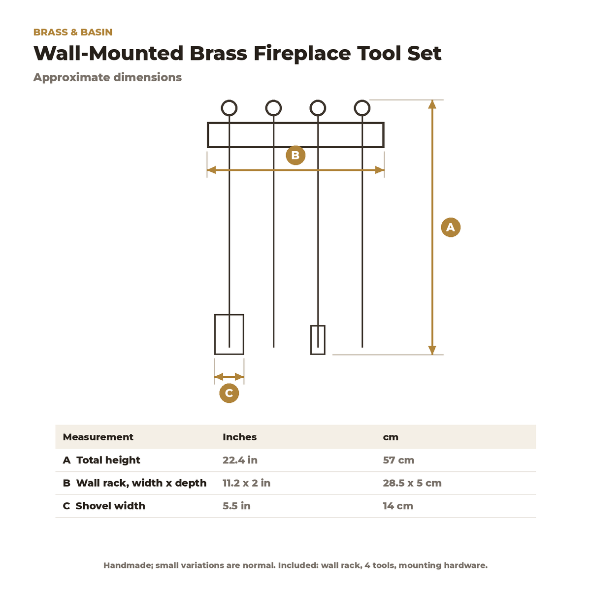 Dimension card for the wall-mounted brass fireplace tool set, 22.4 in tall